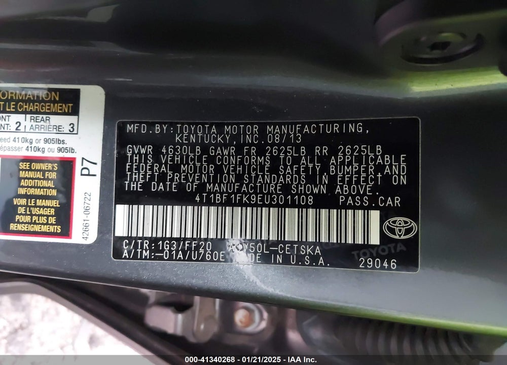 2014 TOYOTA CAMRY VIN: 4T1BF1FK9EU301108