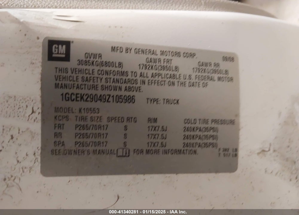 2009 CHEVROLET SILVERADO 1500 VIN: 1GCEK29049Z105986