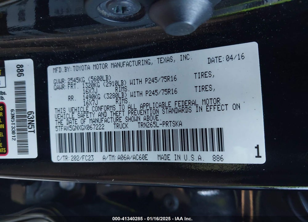 2016 TOYOTA TACOMA VIN: 5TFAX5GNXGX067222