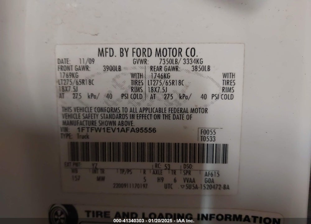 2010 FORD F-150 VIN: 1FTFW1EV1AFA95556