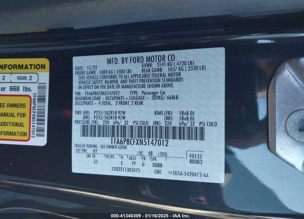2022 FORD MUSTANG GT PREMIUM FASTBACK VIN: 1FA6P8CFXN5147012
