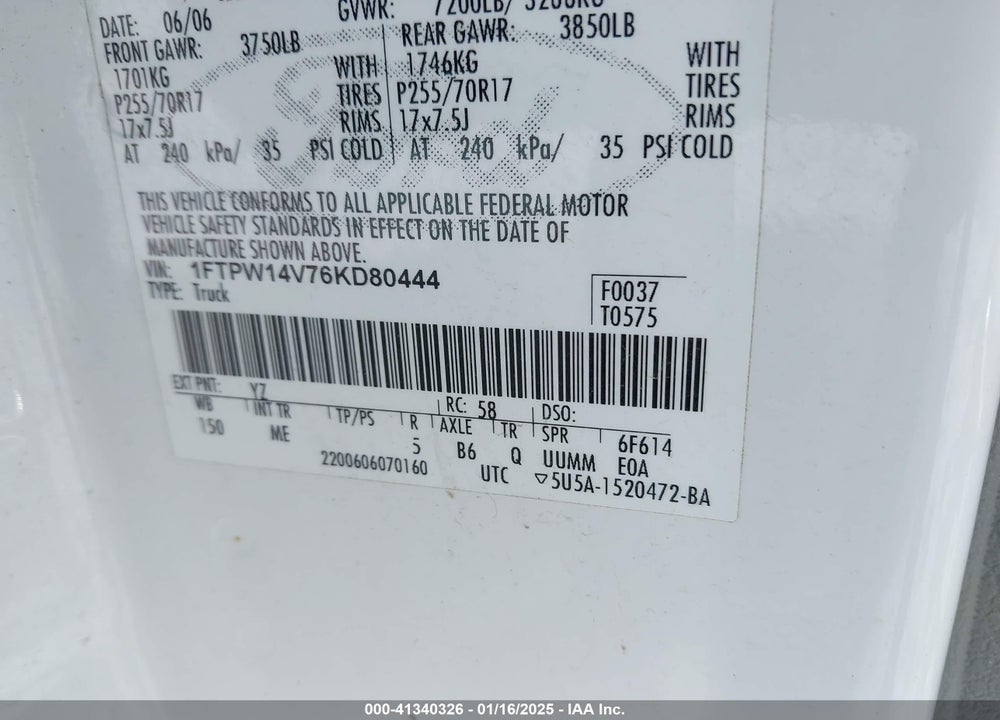 2006 FORD F-150 VIN: 1FTPW14V76KD80444