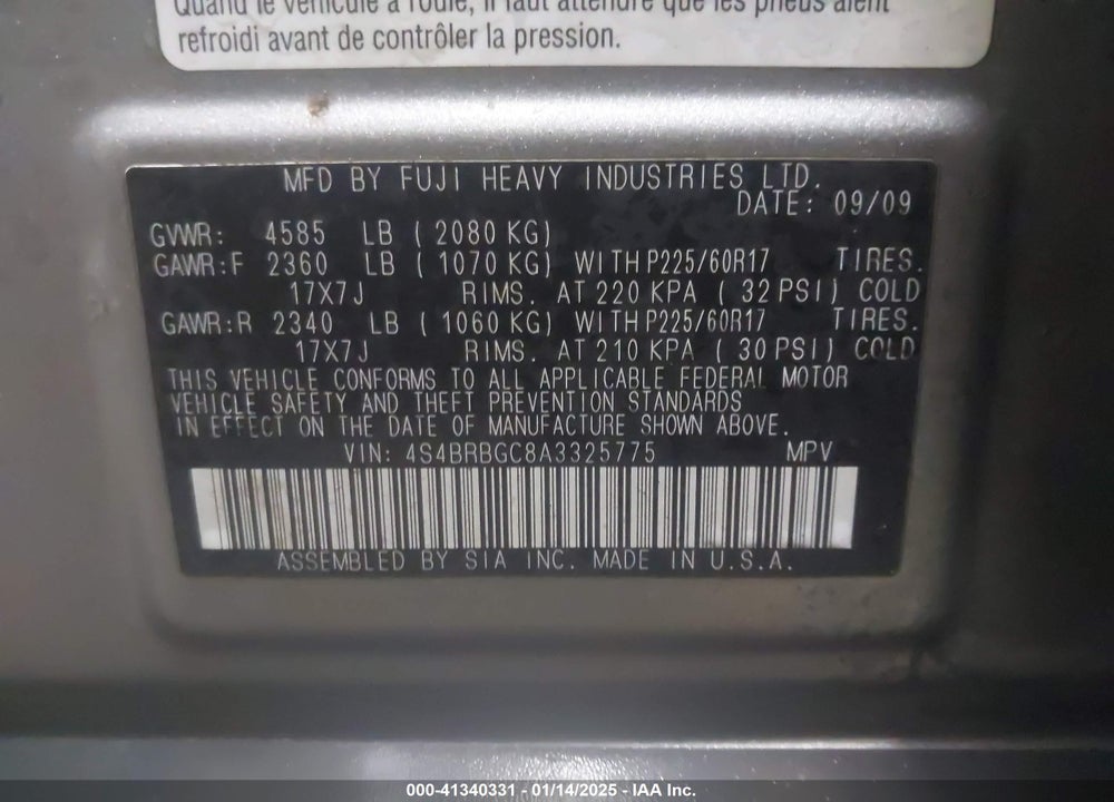 2010 SUBARU OUTBACK 2.5I PREMIUM VIN: 4S4BRBGC8A3325775