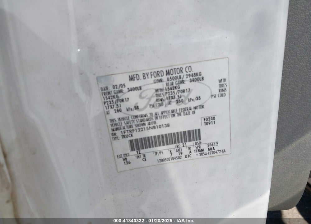 2005 FORD F-150 STX/XL/XLT VIN: 1FTRF12215NB10138
