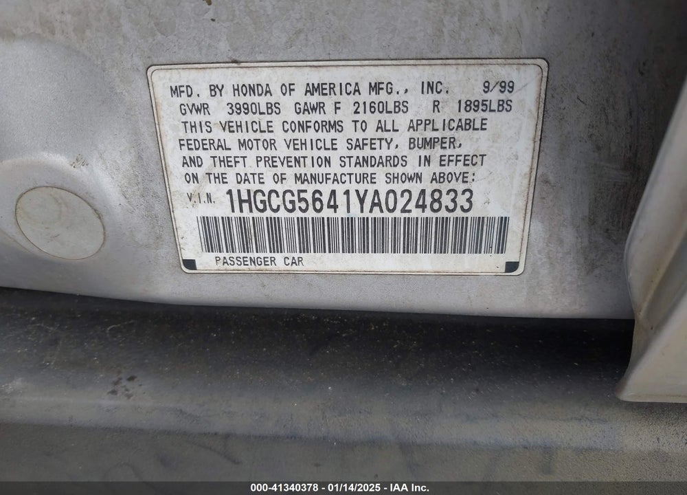 2000 HONDA ACCORD 2.3 LX VIN: 1HGCG5641YA024833