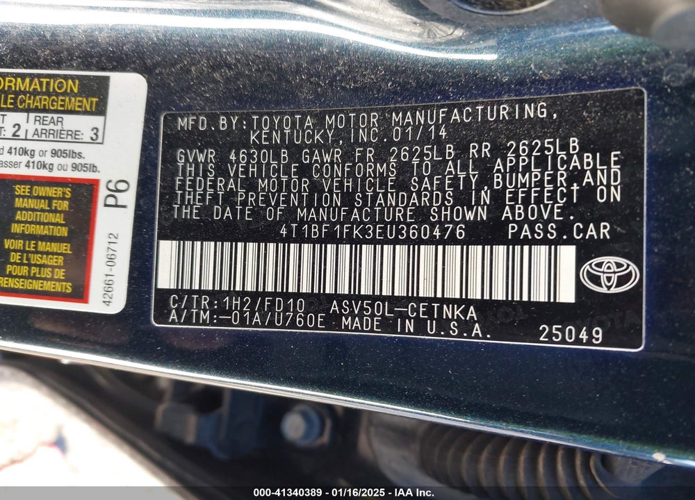 2014 TOYOTA CAMRY VIN: 4T1BF1FK3EU360476