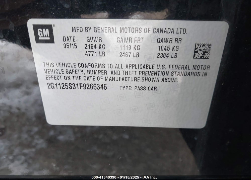 2015 CHEVROLET IMPALA VIN: 2G1125S31F9266346