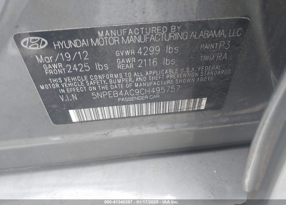 2012 HYUNDAI SONATA VIN: 5NPEB4AC9CH495757
