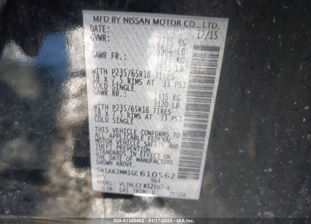 2016 NISSAN PATHFINDER PLATINUM/S/SL/SV VIN: 5N1AR2MM1GC610562