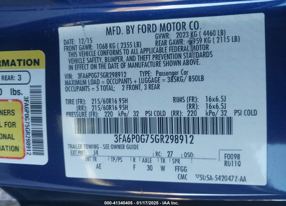 2016 FORD FUSION VIN: 3FA6P0G75GR298912