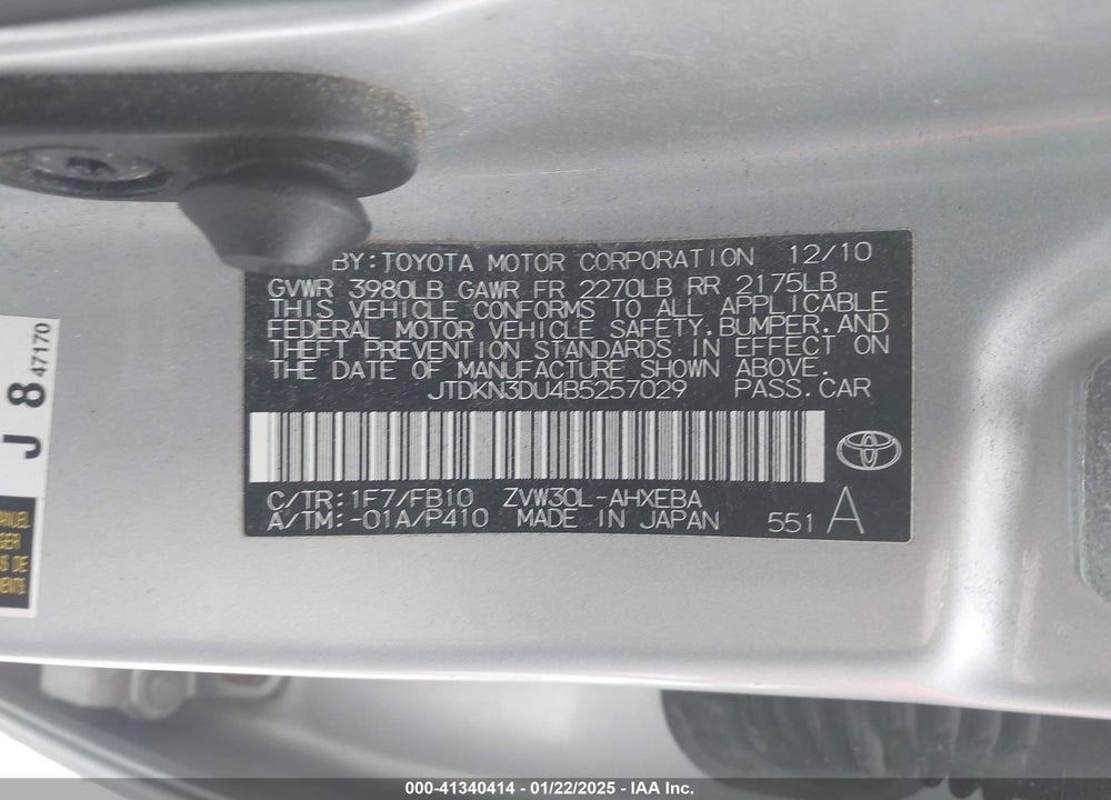 2011 TOYOTA PRIUS VIN: JTDKN3DU4B5257029
