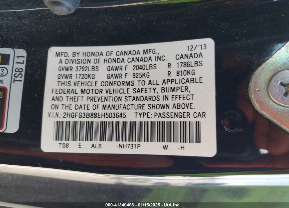2014 HONDA CIVIC VIN: 2HGFG3B88EH503645