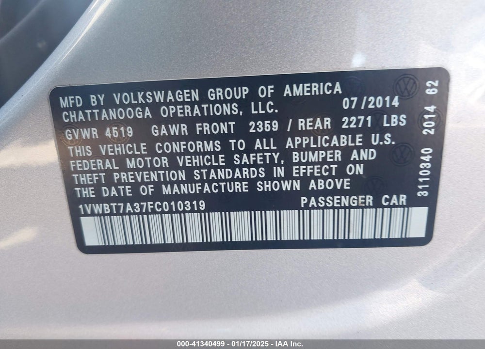 2015 VOLKSWAGEN PASSAT VIN: 1VWBT7A37FC010319
