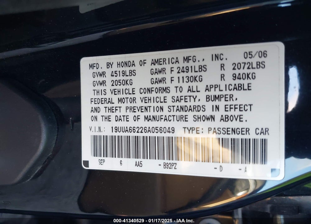 2006 ACURA TL VIN: 19UUA66226A056049