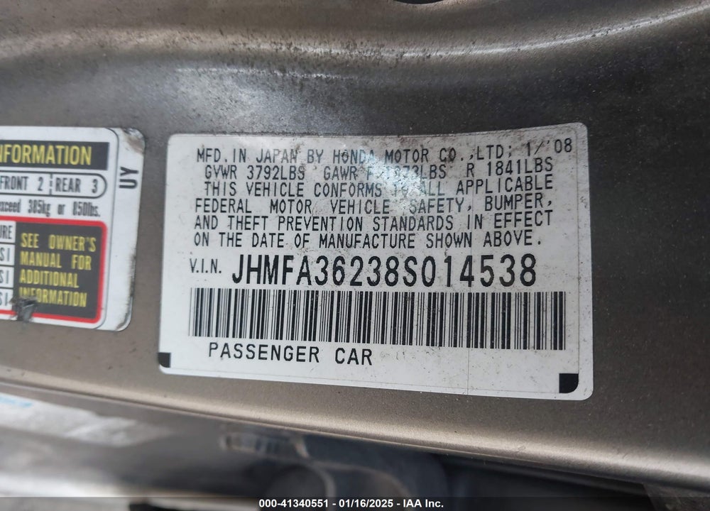 2008 HONDA CIVIC HYBRID VIN: JHMFA36238S014538