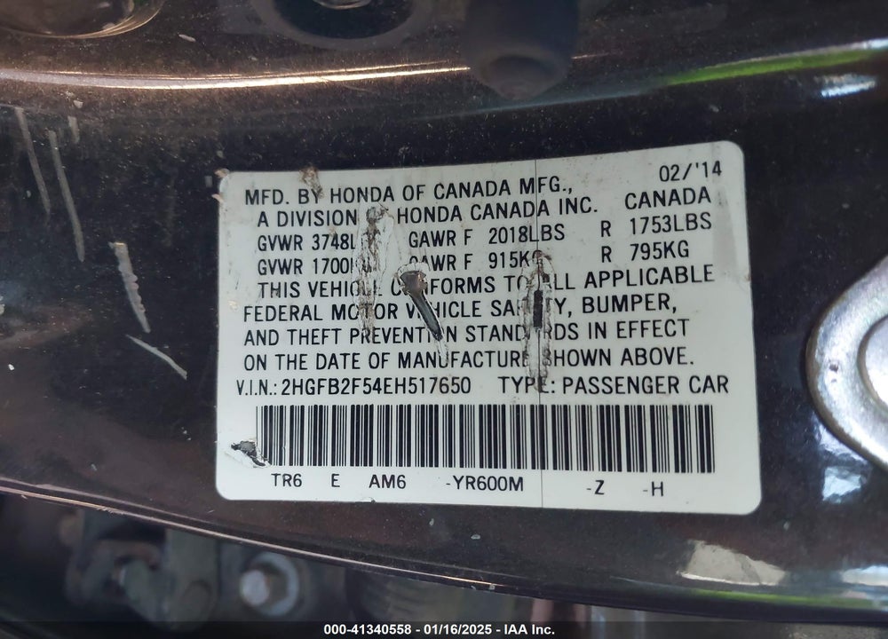 2014 HONDA CIVIC VIN: 2HGFB2F54EH517650