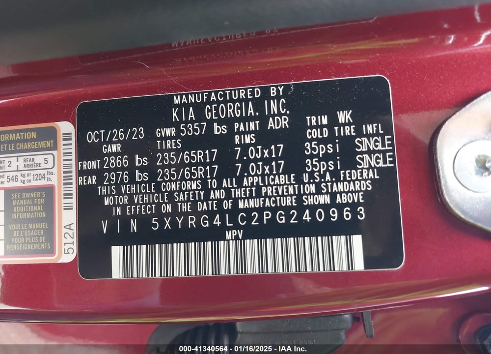 2023 KIA SORENTO LX VIN: 5XYRG4LC2PG240963