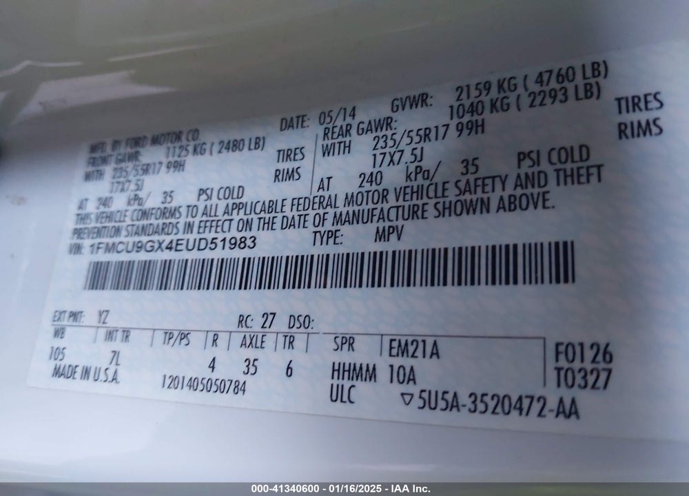 2014 FORD ESCAPE SE VIN: 1FMCU9GX4EUD51983
