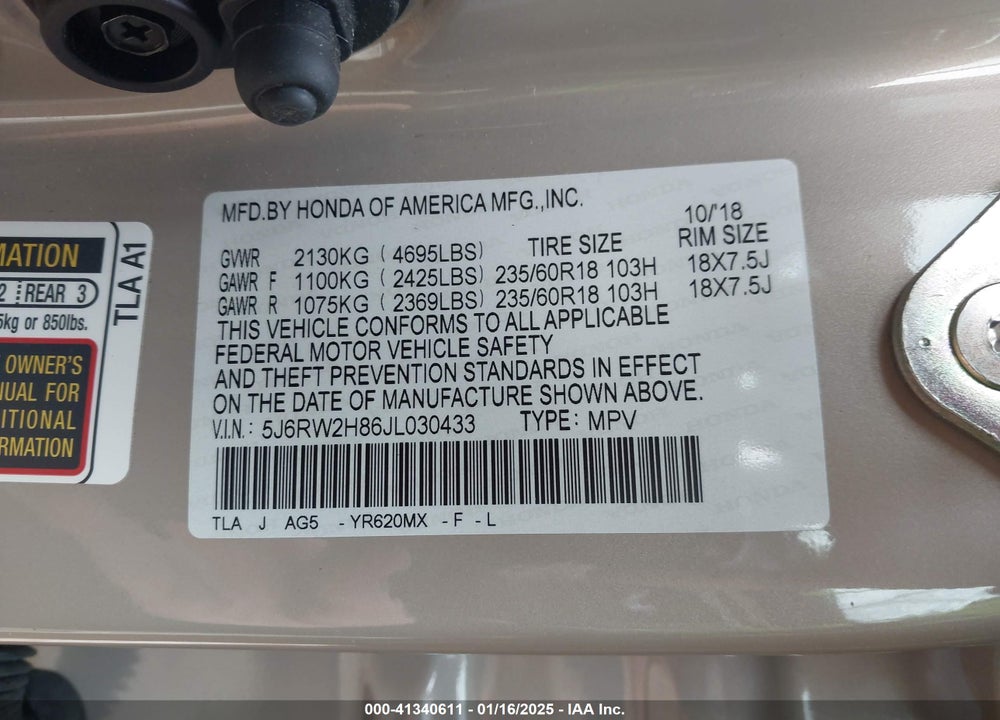 2018 HONDA CR-V EX-L/EX-L NAVI VIN: 5J6RW2H86JL030433