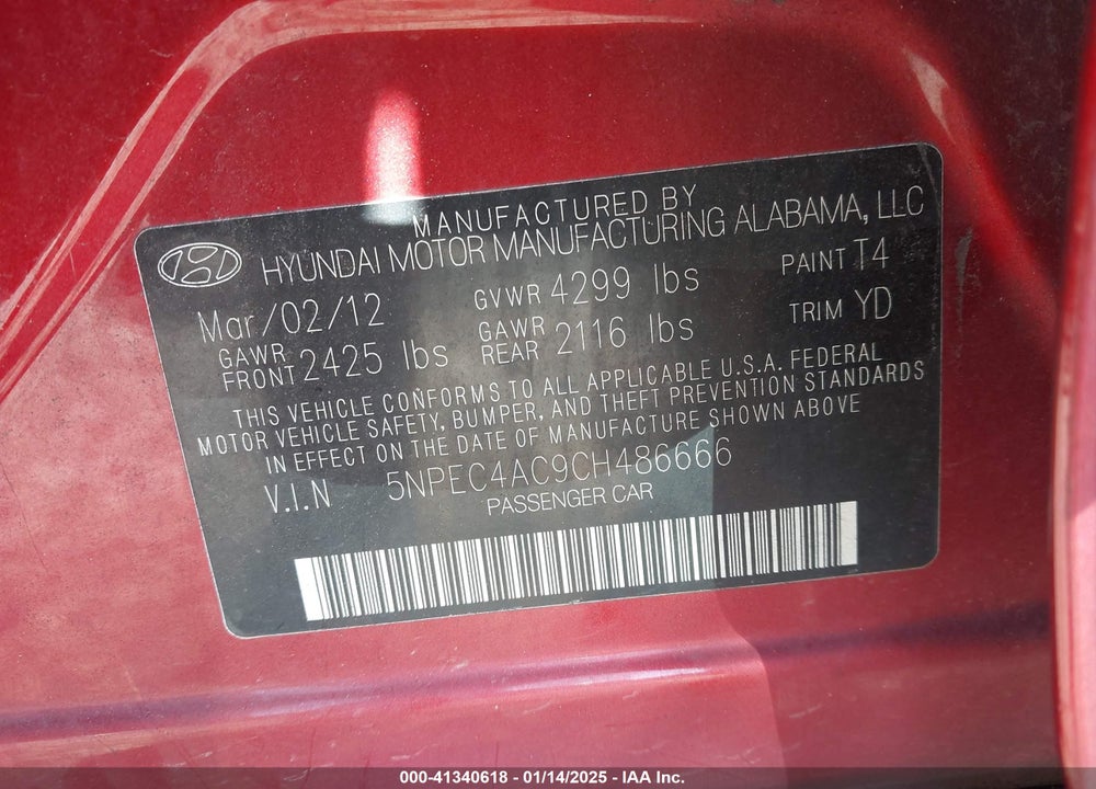 2012 HYUNDAI SONATA VIN: 5NPEC4AC9CH486666