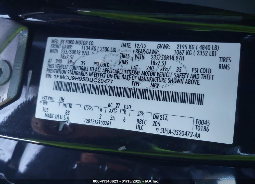 2013 FORD ESCAPE SEL VIN: 1FMCU9H95DUC20477