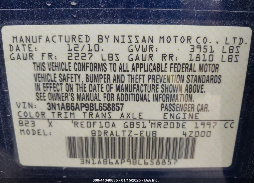 2011 NISSAN SENTRA 2.0S VIN: 3N1AB6AP9BL658857