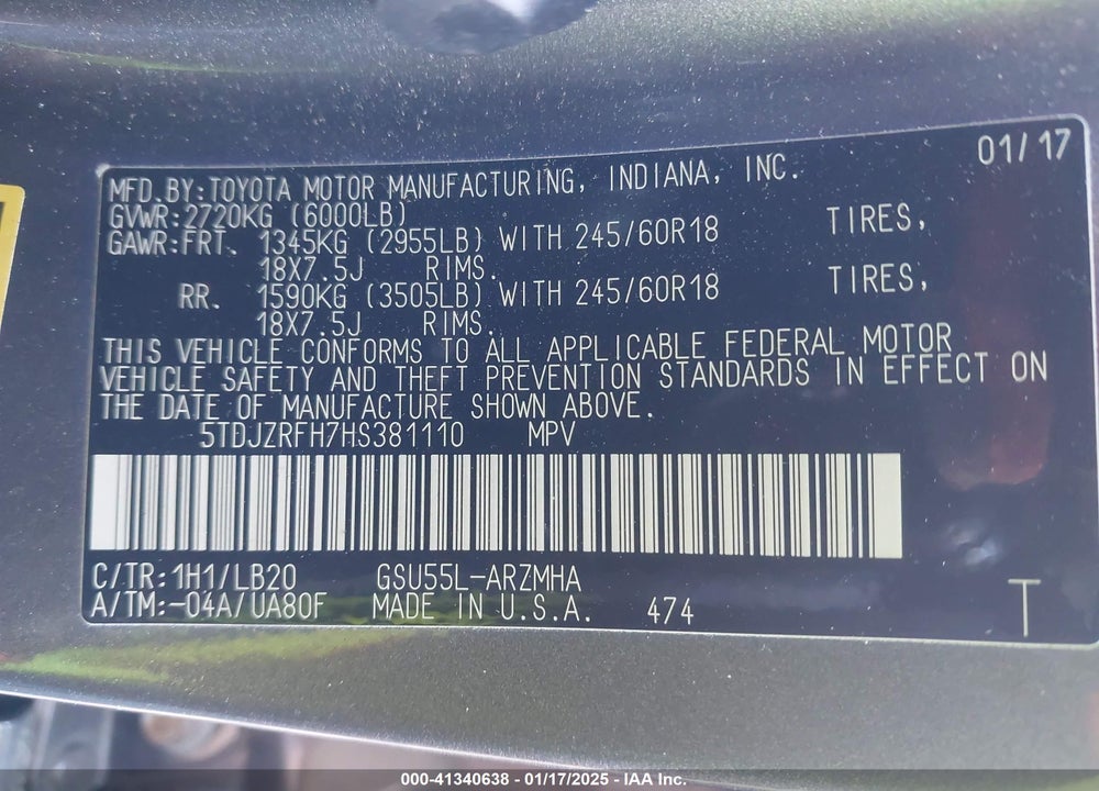 2017 TOYOTA HIGHLANDER XLE VIN: 5TDJZRFH7HS381110