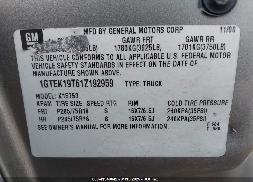 2001 GMC SIERRA 1500 SLE VIN: 1GTEK19T61Z192959