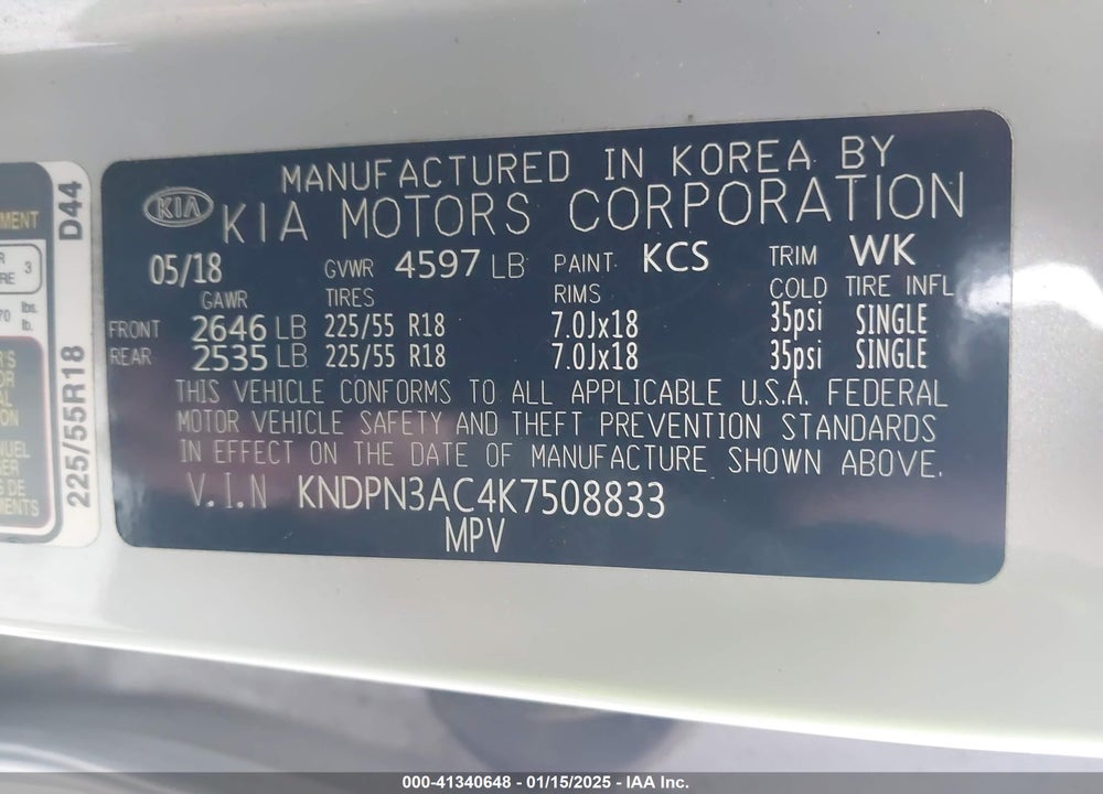 2019 KIA SPORTAGE EX VIN: KNDPN3AC4K7508833