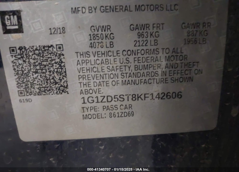 2019 CHEVROLET MALIBU VIN: 1G1ZD5ST8KF142606
