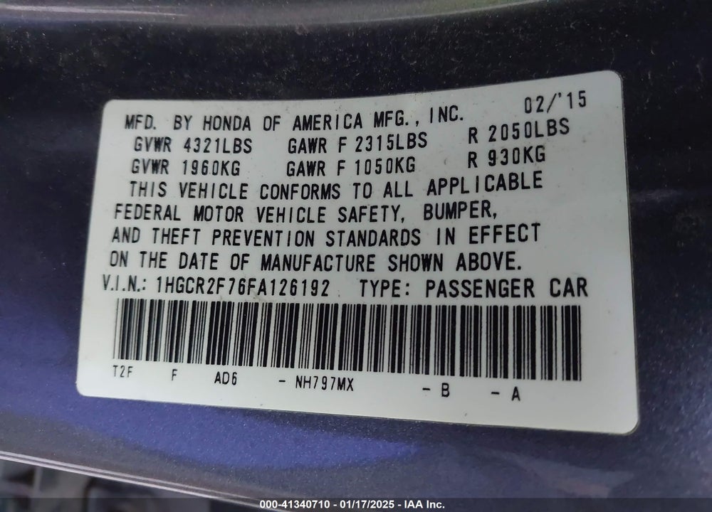 2015 HONDA ACCORD VIN: 1HGCR2F76FA126192