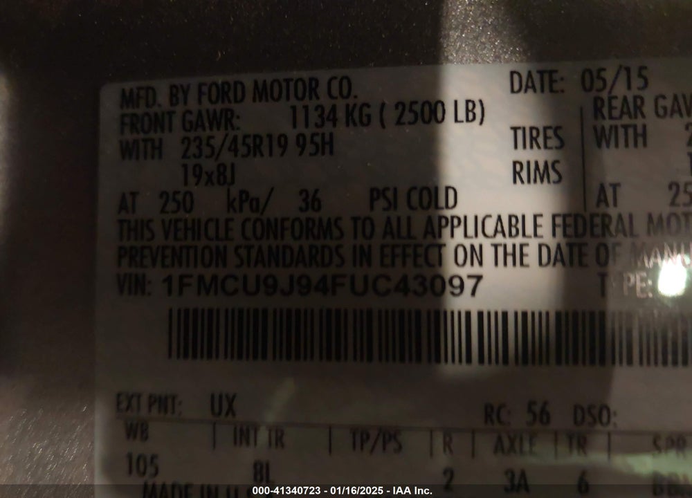 2015 FORD ESCAPE TITANIUM VIN: 1FMCU9J94FUC43097