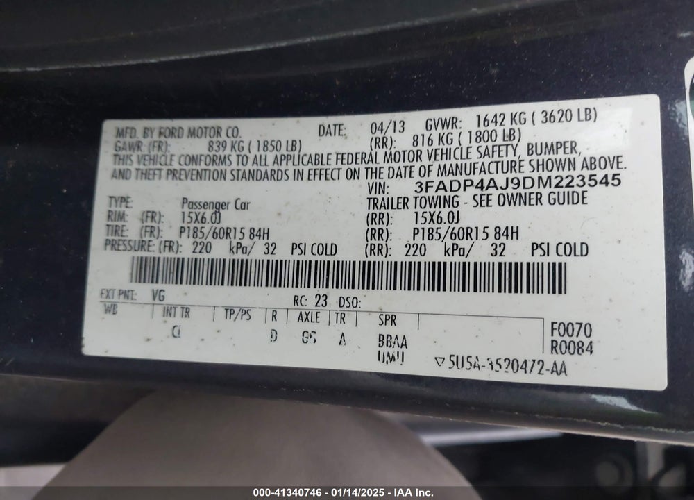 2013 FORD FIESTA S VIN: 3FADP4AJ9DM223545
