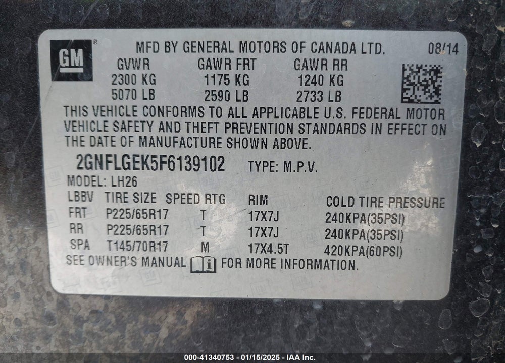 2015 CHEVROLET EQUINOX 2LT VIN: 2GNFLGEK5F6139102