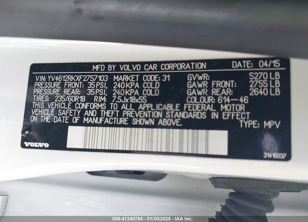 2015 VOLVO XC60 VIN: YV4612RKXF2757103