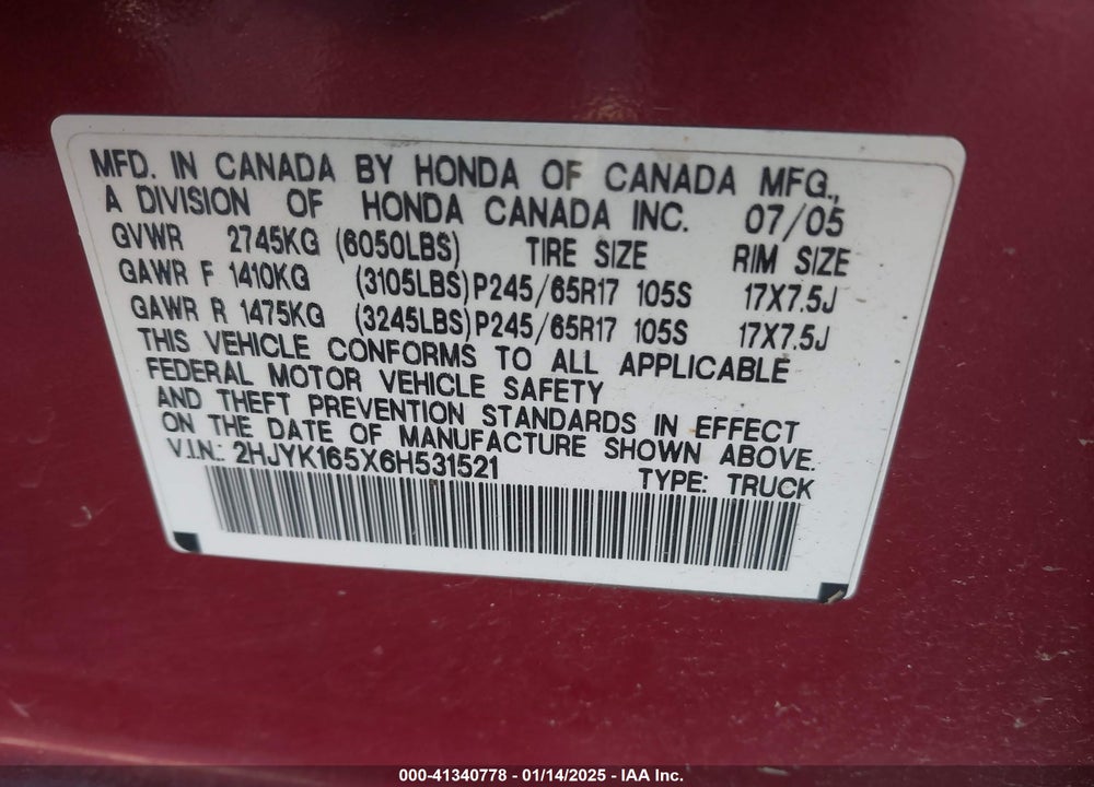 2006 HONDA RIDGELINE RTL VIN: 2HJYK165X6H531521