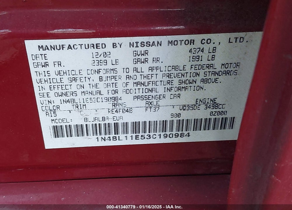 2003 NISSAN ALTIMA 3.5 SE VIN: 1N4BL11E53C190984