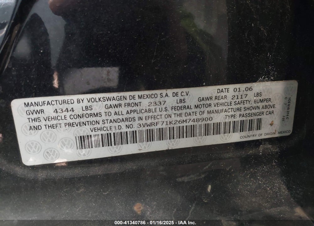 2006 VOLKSWAGEN JETTA VIN: 3VWRF71K26M748900