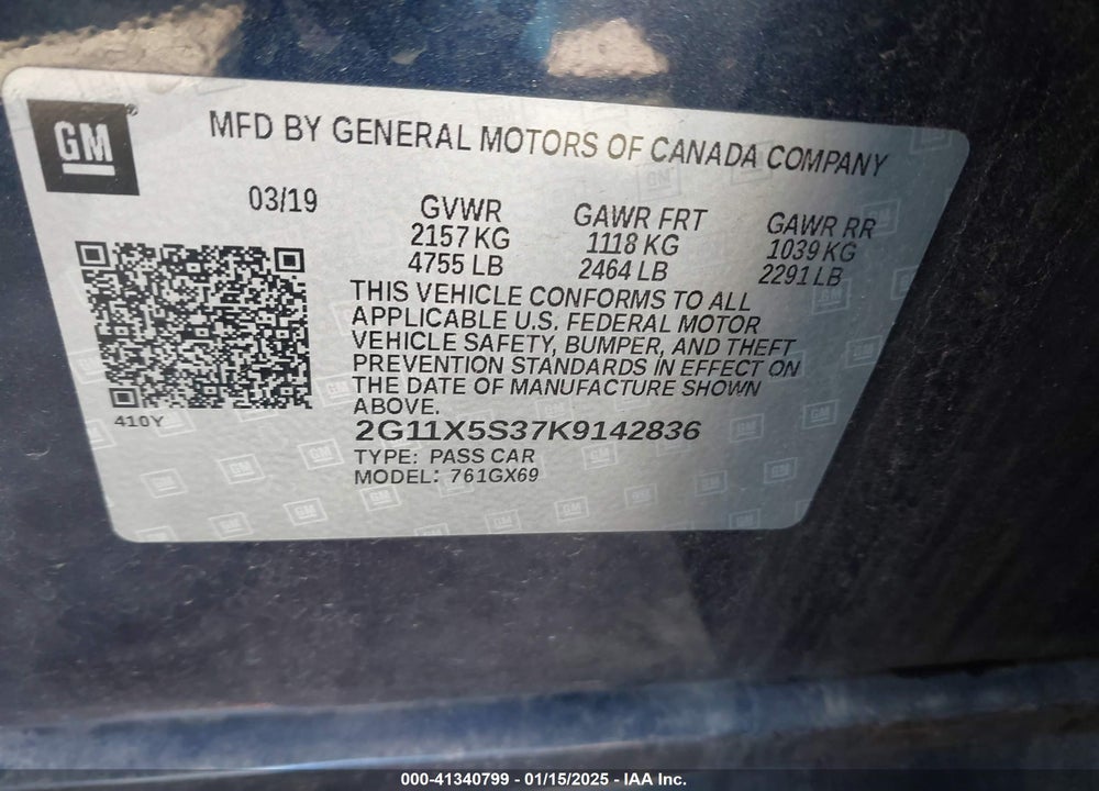 2019 CHEVROLET IMPALA VIN: 2G11X5S37K9142836