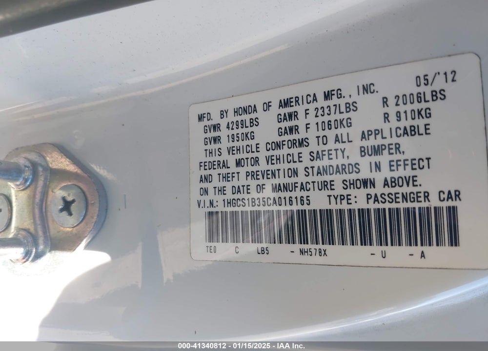 2012 HONDA ACCORD VIN: 1HGCS1B35CA016165