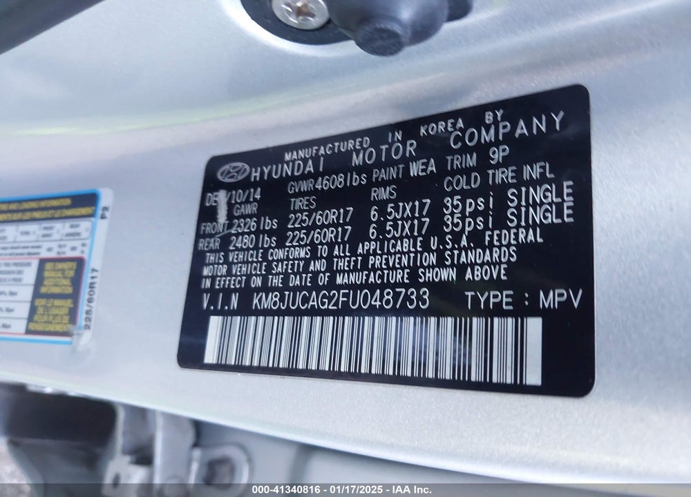 2015 HYUNDAI TUCSON SE VIN: KM8JUCAG2FU048733