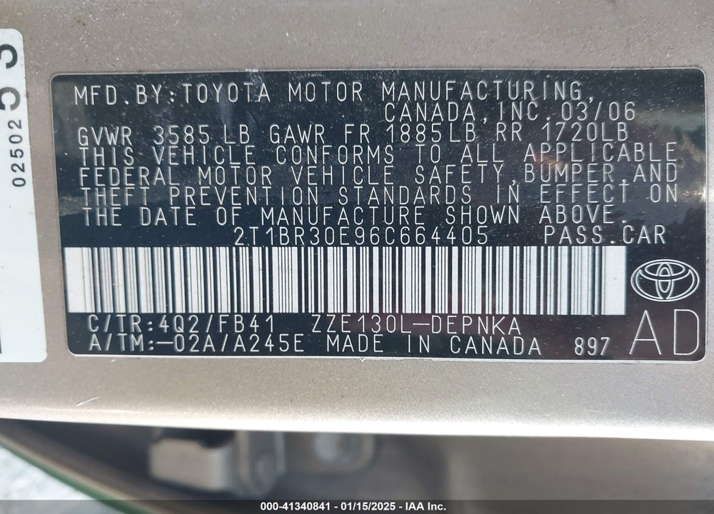 2006 TOYOTA COROLLA LE VIN: 2T1BR30E96C664405