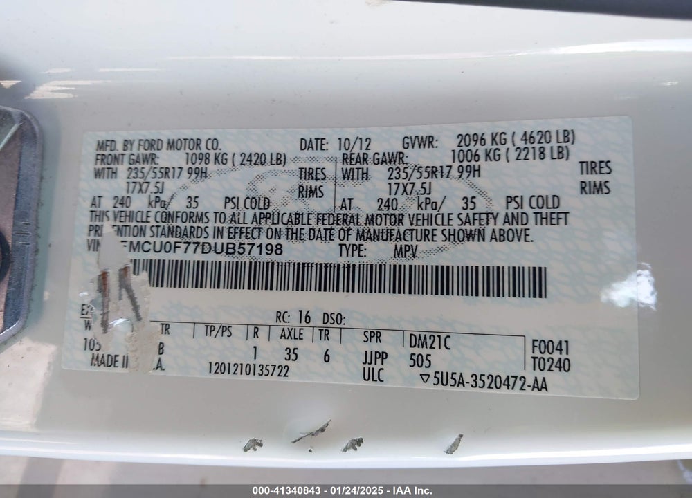 2013 FORD ESCAPE S VIN: 1FMCU0F77DUB57198