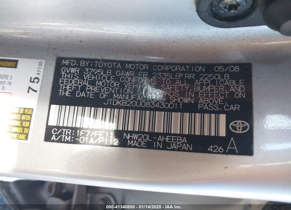 2008 TOYOTA PRIUS VIN: JTDKB20U083430011