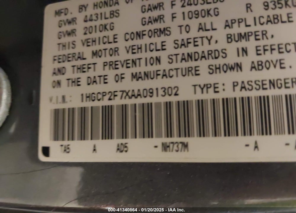 2010 HONDA ACCORD 2.4 EX VIN: 1HGCP2F7XAA091302