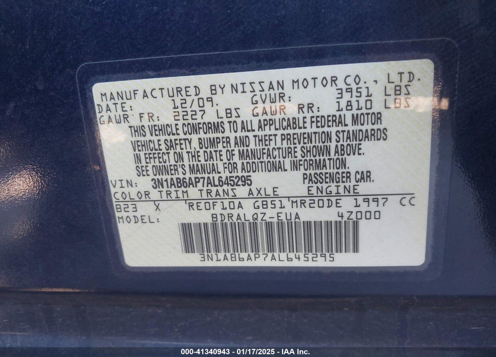 2010 NISSAN SENTRA VIN: 3N1AB6AP7AL645295