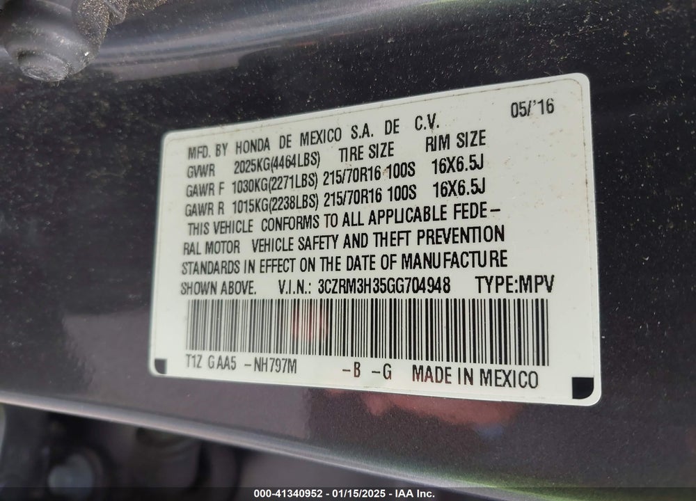 2016 HONDA CR-V LX VIN: 3CZRM3H35GG704948