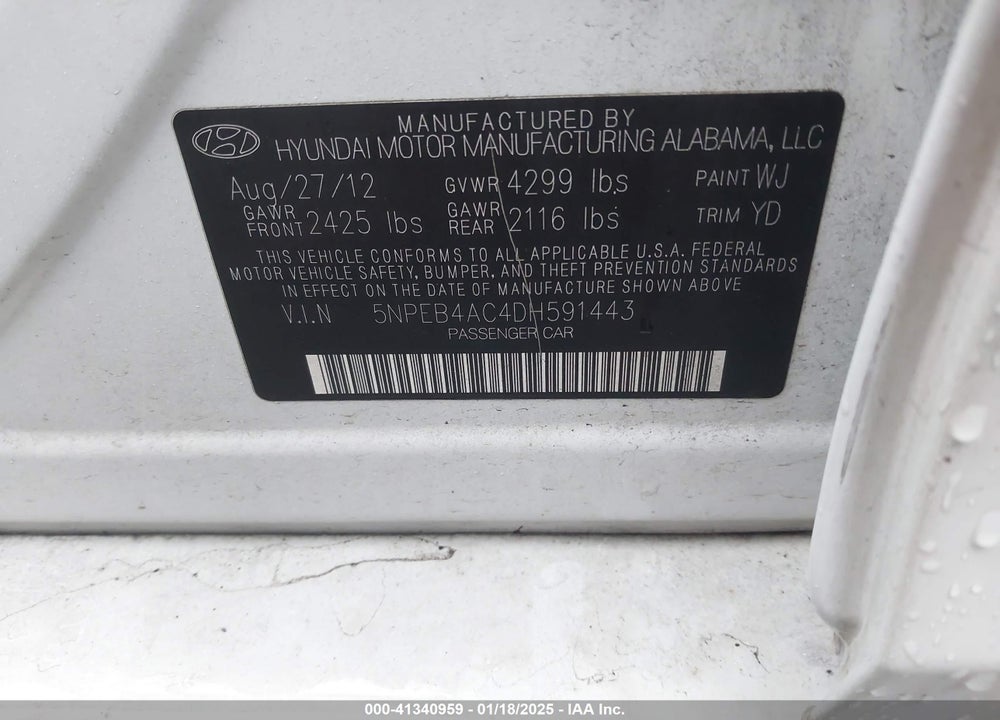 2013 HYUNDAI SONATA GLS VIN: 5NPEB4AC4DH591443