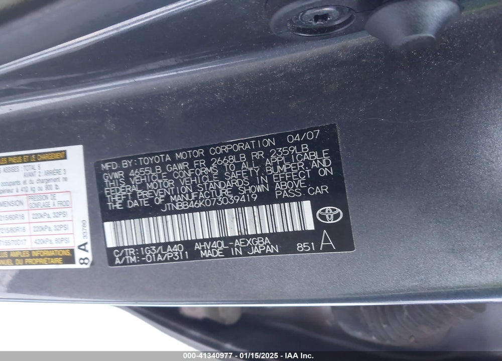 2007 TOYOTA CAMRY HYBRID VIN: JTNBB46K073039419