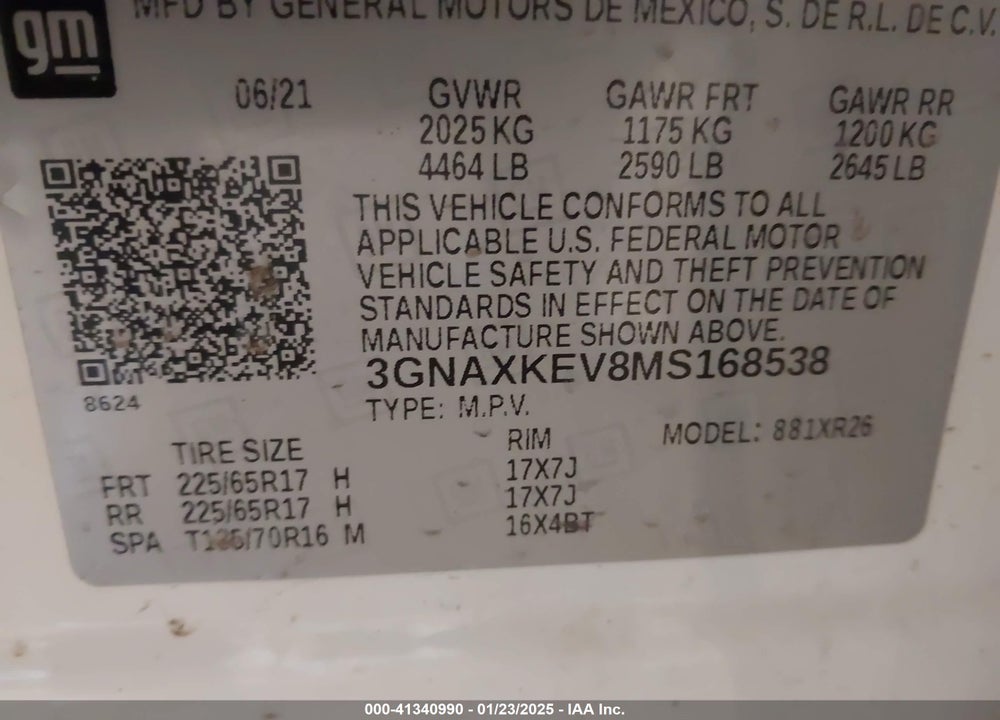 2021 CHEVROLET EQUINOX VIN: 3GNAXKEV8MS168538